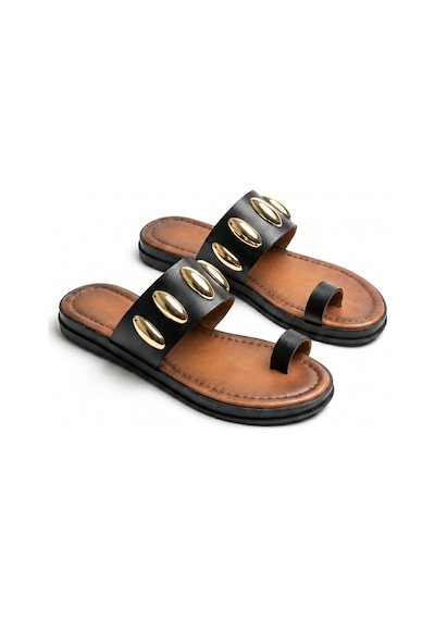 Giamgia Store Giamgia Kadın Siyah Altın Zımbalı Düz Parmak Arası Terlik-2403