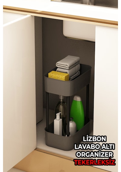 Lizbon Çok Amaçlı 2 Katlı Banyo Organizer Düzenleyici Dolap Içi Tezgah Altı Tekerleksiz Organizer Gri