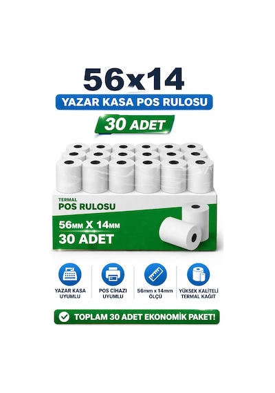 Termal Pos Yazar Kasa Rulosu - Pos Kağıdı - Beyaz - 56 Mm X 14 Metre - 10 Adetlik 3 Paket