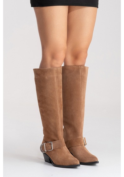 Luvishoes Helıos Toprak Süet Hakiki Deri Tokalı Kadın Western Çizme Toprak