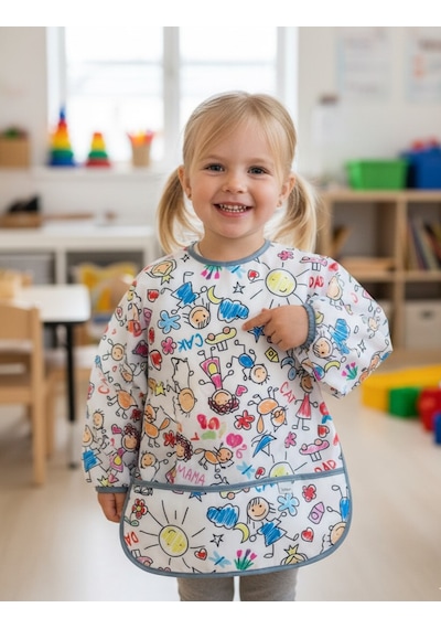 Yorni 3-5 Yaş Family, Arkadan Bağcıklı, Sıvı Geçirmez, Cepli, Makinede Yıkanabilir, Uzun Kollu Bebek Çocuk Mama Önlüğü, Önlük Beyaz
