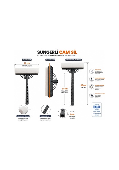 Süngerli Cam Sil Çift Taraflı Silikon Çekçekli Cam Temizleme Aparatı İz Bırakmayan Cam, Ayna, Duşakabin Ve Araç Camı Temizleyici Cam Silme Mopu Çek Pas