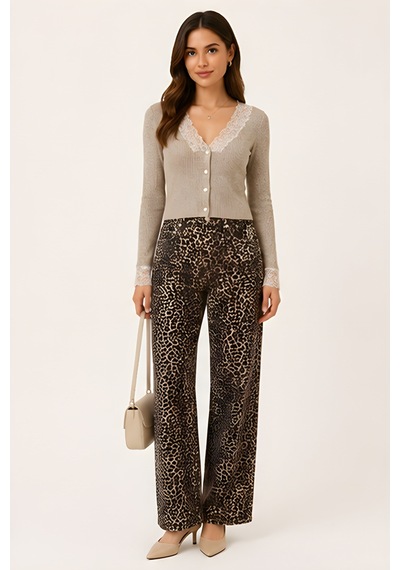 Lili Woman Kadın Yüksek Bel Leopar Desenli Wide Leg Pantolon Ty.lpr01 Kahverengi
