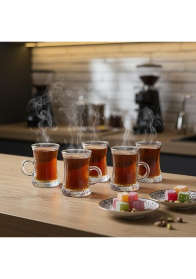 Lüks Kulplu Çay Fincanı 6 Adet Kristal Berraklığında Cam Estetik Ve Ergonomik Tasarım Çay Bardağı Seti Çok Renkli