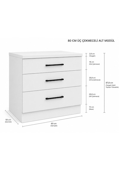 Şah Mutfak 3 Çekmeceli Alt Modül 80 Cm - Çok Amaçlı Dolap - Beyaz Laminat Tezgah Dahil
