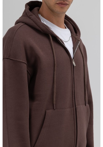 Vamos Basic Fermuarlı Oversize Kapüşonlu Sweatshirt Kahve