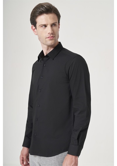 İmza Siyah Sert Yaka Uzun Kol Cepsiz Slim Fit Pamuklu Gömlek 1004260181