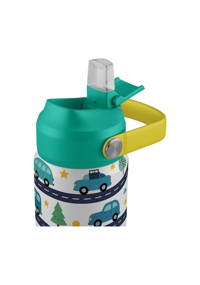 Puccon 540 Ml Araba Ve Yol Desenli Yeşil - Beyaz Erkek Çocuk Pipetli Çelik Termos Matara/suluk - 60054