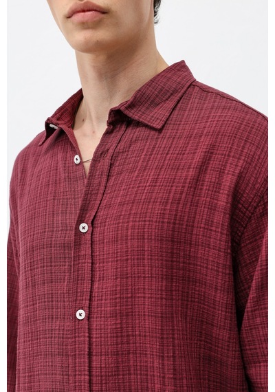 Vamos Dokulu Keten Görünümlü Oversize Gömlek Bordo