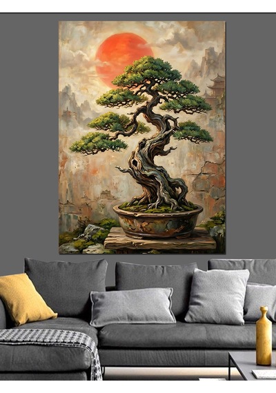 Saksıda Budanmış Küçük Bonsai Ağacı Dekoratif Kanvas - Mdf Ahşap Tablo