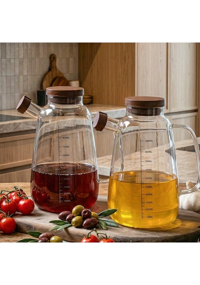 Porsima Lm-0109 Livra Kapaklı Borosilikat Cam 2li Yağlık Sirkelik Yağdanlık Seti 1000ml Şeffaf