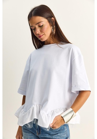 Shade Kadın Tül Detaylı Volanlı Oversize Basic T-shirt 8789 60286165 - Beyaz