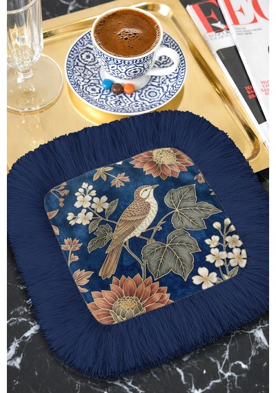 Lüks Kuş Çiçek Motifli Saçaklı Sunum Peçetesi - Vintage Rustik Lacivert Bardak Altlığı Mendil Çok Renkli