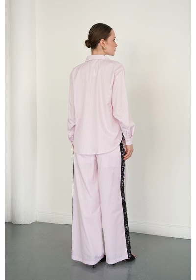 Verymoda Dantel Detaylı Çizgili Gömlek - F2082 Pembe