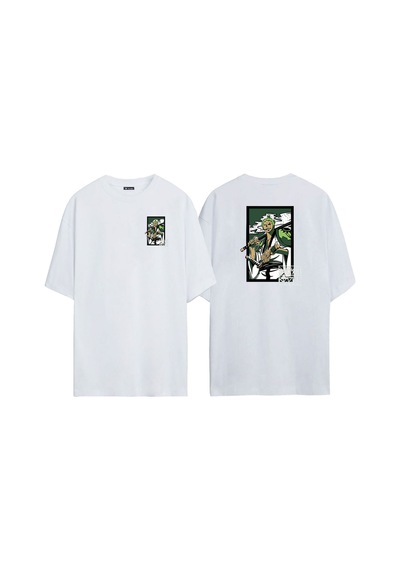 Thewert Unisex Roronoa Zoro Yeşil Ön Arka Baskılı Beyaz Oversize T-shirt