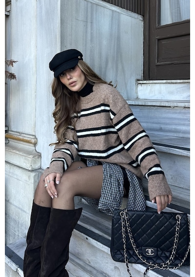 Laluvia Kahverengi Renkli Çizgili Oversize Triko Kazak - 2516 Kahverengi