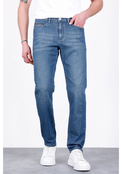 HLT Jeans Erkek Şerit Detaylı Puslu Mavi Regular Fit Boru Paça Esnek Likralı Jeans Kot Pantolon Hlthe001965 Beyaz - Mavi