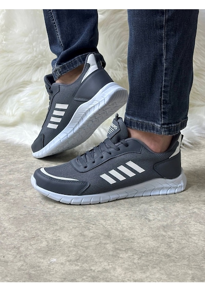 Günlük Erkek Sneaker Fileli Bağcıklı Rahat Esnek Dikiş Detaylı Yürüyüş Spor Ayakkabı 1453 Füme Beyaz