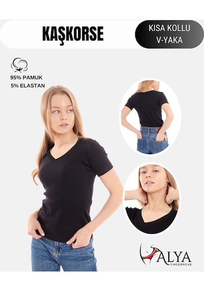 Alya Underwear V Yaka Kaşkorse Kumaşlı Kısa Kollu Bluz, Esnek Ve Pamuklu Kumaş Badi, Bej Kemik Body Siyah