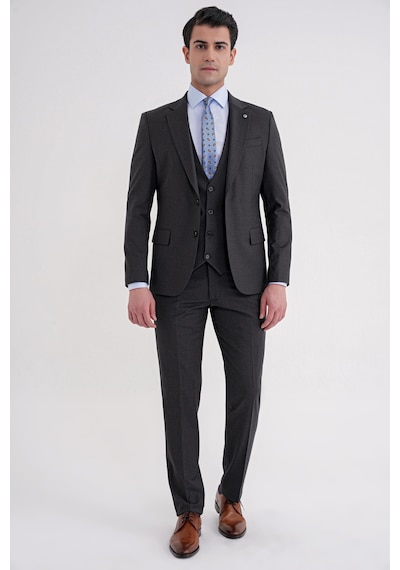 Efor Slim Fit Çift Yırtmaç Çizgili Esnek Yünlü Antrasit Yelekli Klasik Takım Elbise Tk 935 Antrasit