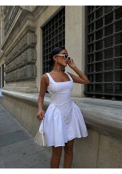 Fashion Cocktail Çan Etek Sırt Dekolte Fiyonklu Kolsuz Elbise Mezuniyet Düğün Beyaz