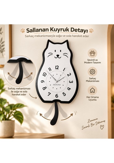 Doalino Sallanan Kuyruklu Kedi Figürlü Premium Ahşap Duvar Saati
