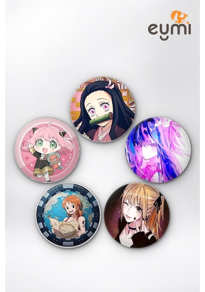 Anime İkonik Kız Karakterler & Waifu İğneli Buton Rozet 5li Set Çok Renkli
