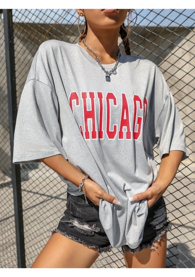 Flood Of Style Kadın Açık Gri Chicago Baskılı Düşük Omuz Oversize Bisiklet Yaka T-shirt Lacivert