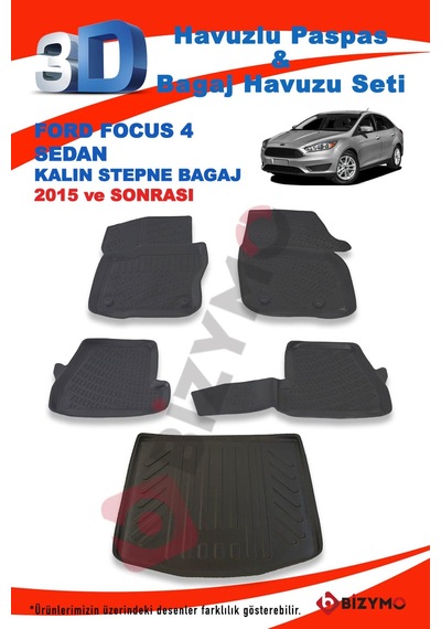 Ford Focus 4 Kalın Stepne Sedan 2015 ve Sonrası Paspas ve Bagaj H Siyah