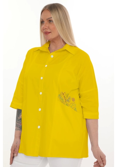 Lady Majestic Büyük Beden Cepli Cotton Gömlek Sarı