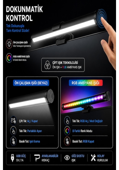 Dokunmatik Monitör Üstü Led Aydınlatma Rgb Ambiyans & 3 Renk Işık Ayarlanabilir