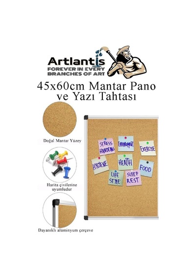 Artlantis Çift Fonksiyonlu Yazı Tahtası Ve Mantar Pano 45x60 Cm 1 Adet Alüminyum Çerçeveli Mantar Panolu Yazı Tah Genel