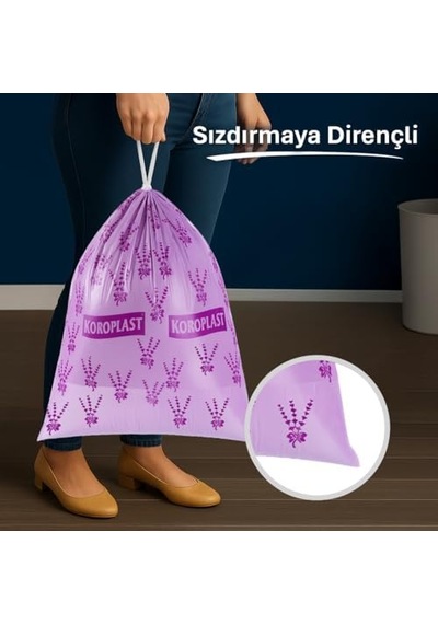 Lavanta Kokulu Orta Boy Büzgülü Çöp Poşeti 15&apos Li 55x60 Cm, Kolay Bağlanır Kokulu Büzgülü Orta Boy Çöp Torbası, Sızdırmaz, Yırtılmaz, Geri Dönüştürülebilir Atık Torba, Ekstra Güçlü Çöp Poşeti