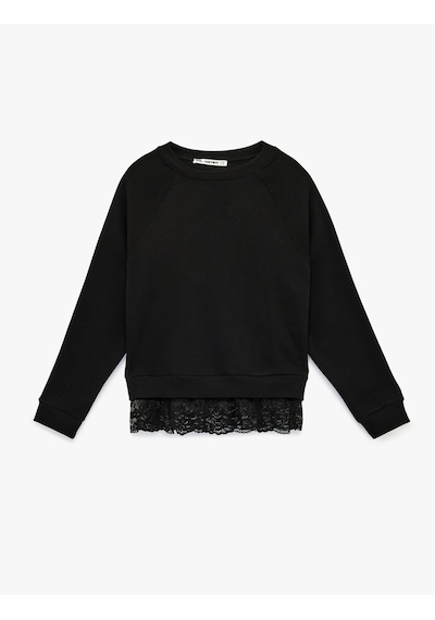 Koton Dantel Detaylı Uzun Kollu Bisiklet Yaka Oversize Sweatshirt Siyah 6sal10334ık Siyah