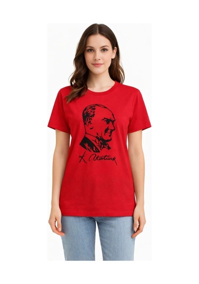 Wear Vexel Kadın Atatürk Baskılı Tişört Kısa Kollu Bisiklet Yaka T-shirt - Kırmızı Kırmızı
