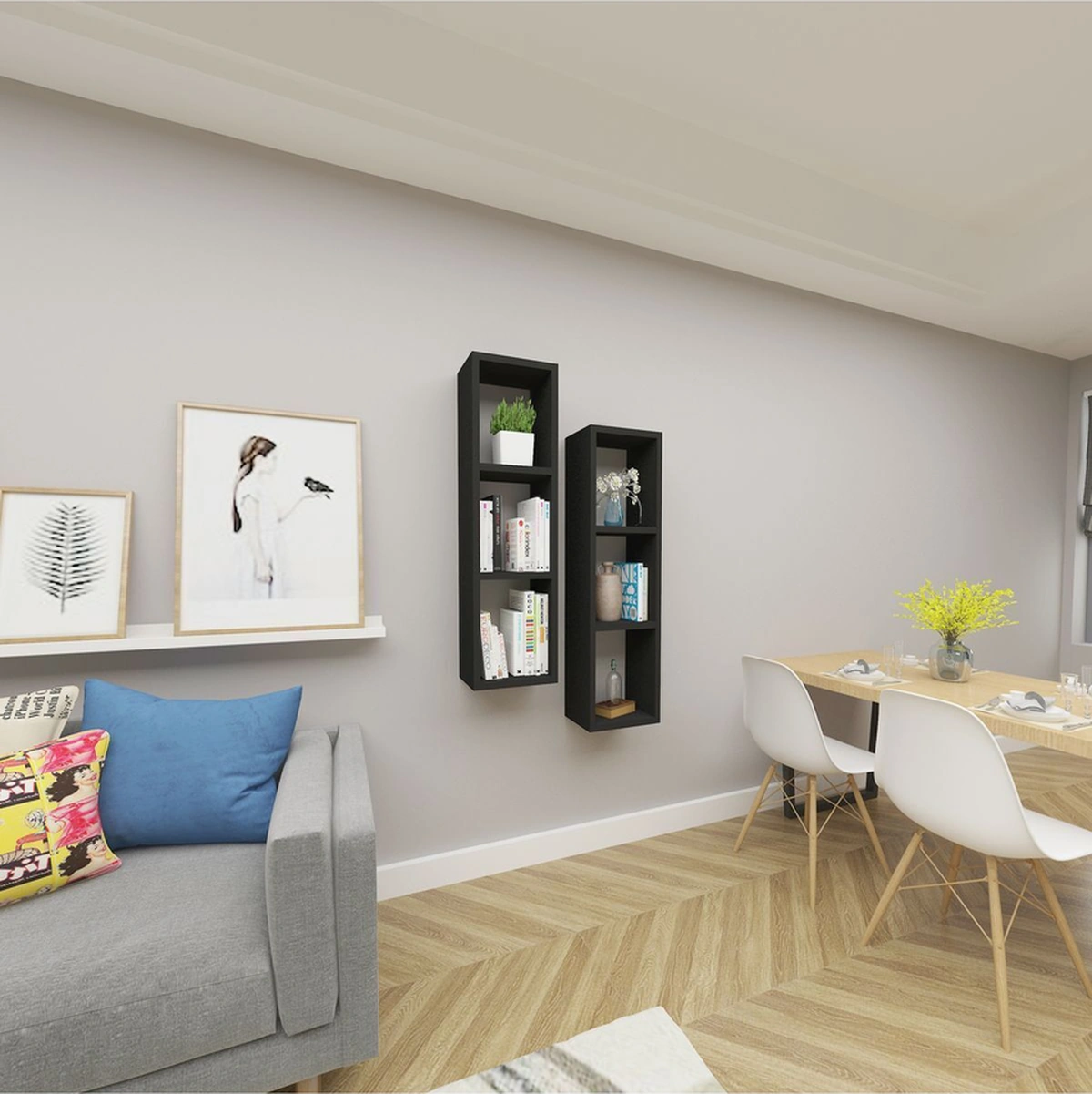 Kitaplık Salon Duvar Rafı Çapraz Ikili Mobilya Takım Siyah Siyah