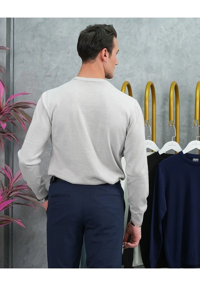 Modefendi Slim Fit Kalıp Pamuk Likra Sade Bisiklet Yaka Triko Kazak Gri