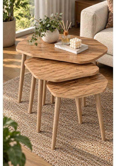 Sulorahome 3'lü Geometrik Zigon Sehpa Seti Kahverengi Atlantik Çam Desenli