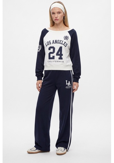Ritnice Kadın Stone Kayık Yaka Sweatshirt Şeritli Alt Eşofman Lacivert Alt Üst Takım