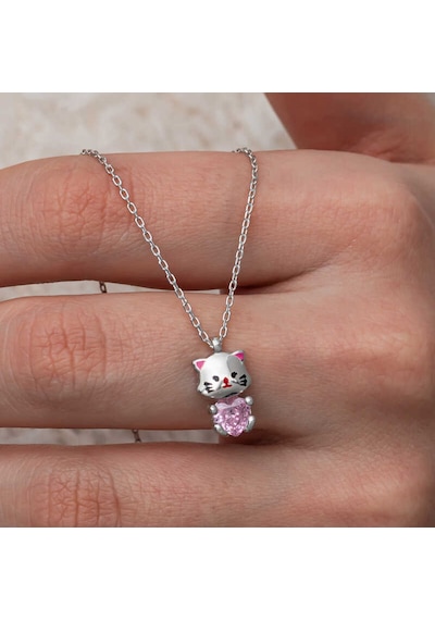 Gümüş Pembe Taşlı Sevimli Kedi Kadın Kolye Çok Renkli