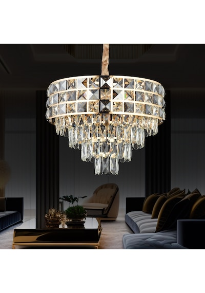 Orrel 6'lı Gold Kristal Taşlı Modern Oturma Odası Salon Sarkıt Avize Sarı