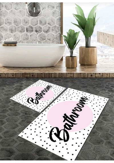 Bathroom Yazılı Banyo Paspası, Dekoratif Paspas, Yıkanabilir, Beyaz