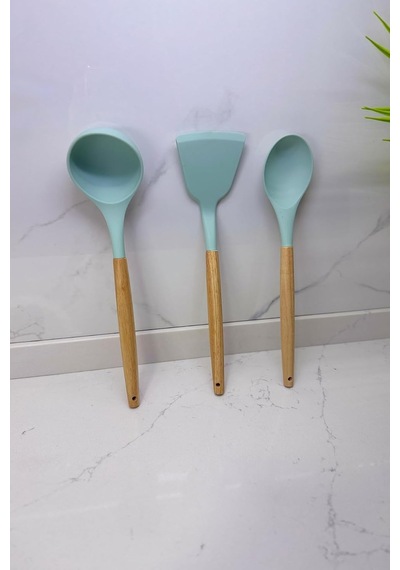 Albergio Ahşap Saplı Silikon Mutfak Seti 32 Cm Kaşık-kepçe-spatula Mint Yeşili Genel
