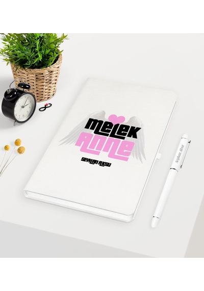 Kişiye Özel Melek Anne Beyaz Defter Kalem Seti Beyaz