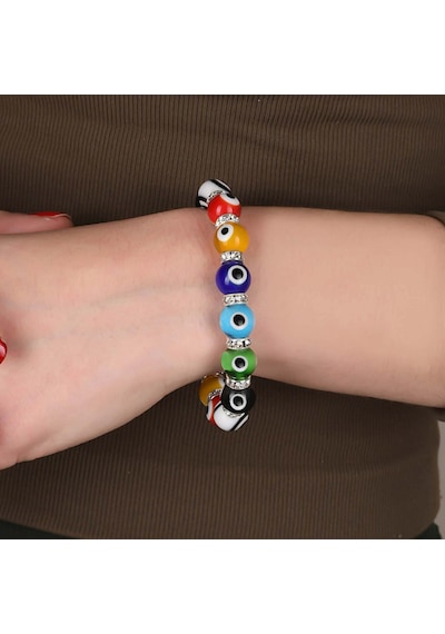 Stretch 10 Mm Multi Renkli Nazar Boncuklu Kristal Taşlı Rondela Bileklik Diğer