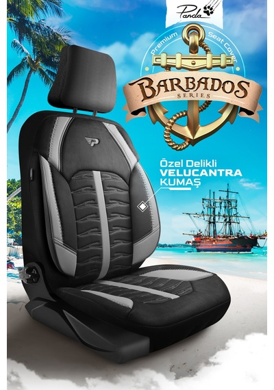 Siyah - Gri Garni Panda Barbados Serisi Alkantra Kumaş Oto Koltuk Kılıfı - Tam Set