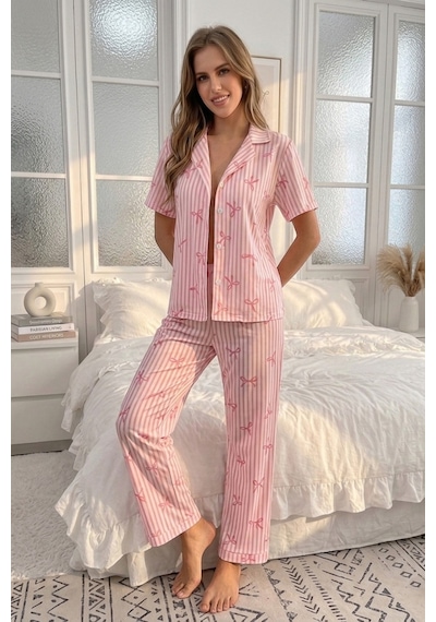 Bella Notte Pembe Soft Fiyonk Desenli Yazlık Pijama Takımı