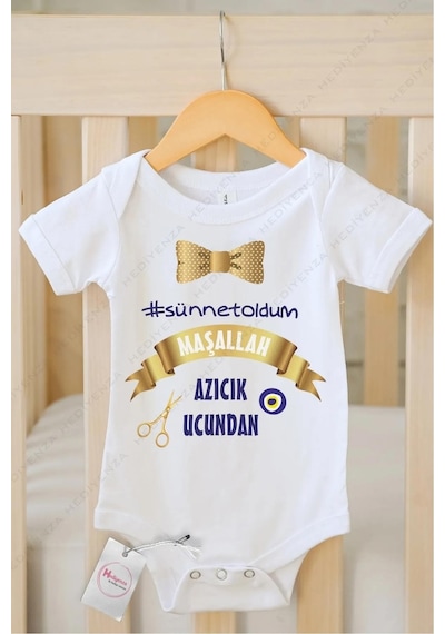 Hediyenza Azıcık Ucundan Sünnet Özel Tasarım Bebek Zıbın Pamuklu Çıtçıtlı Body Beyaz