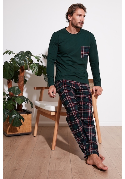 Buratti  Ekoseli Cepli Beli Lastikli % 100 Pamuk Regular Fit Erkek Pijama Takımı 6572001 Yeşil