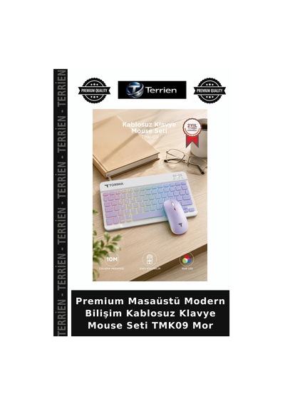 Premium Masaüstü Modern Bilişim Kablosuz Klavye Mouse Seti Tmk09 Mor